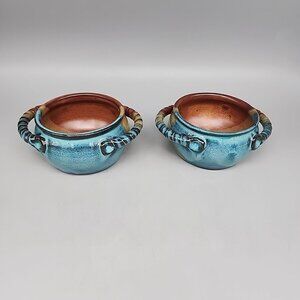 Handmade Pottery Soup Bowls Handled Blue Brown Set Of 2 Signed
